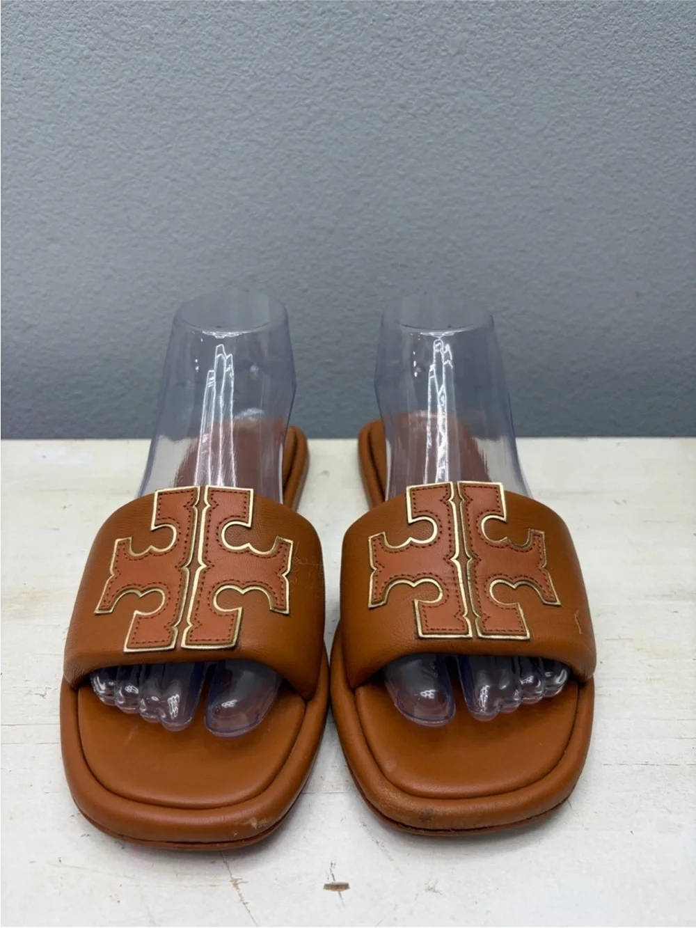 Tory Burch Brown Leather Double T Sport Slide Sandals Size 8